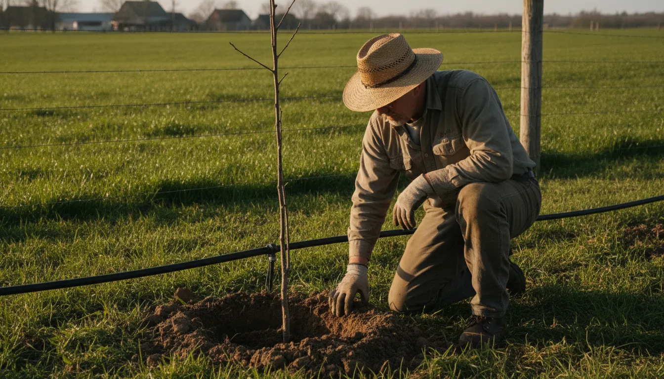 Farmer inspecting soil near a young orchard tree