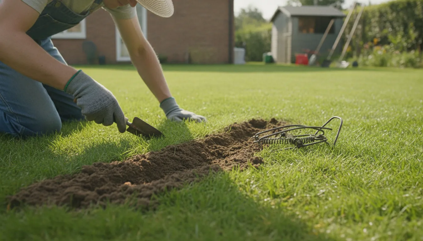 Gardener inspecting a fresh mole runway beside a mechanical trap