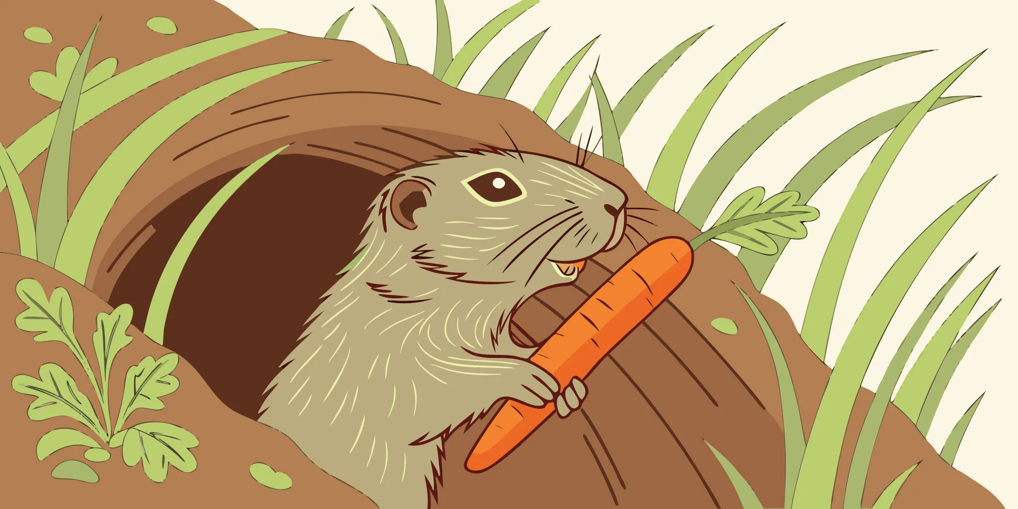 Gopher emerging from a dirt tunnel in a garden holding a plant root in its mouth