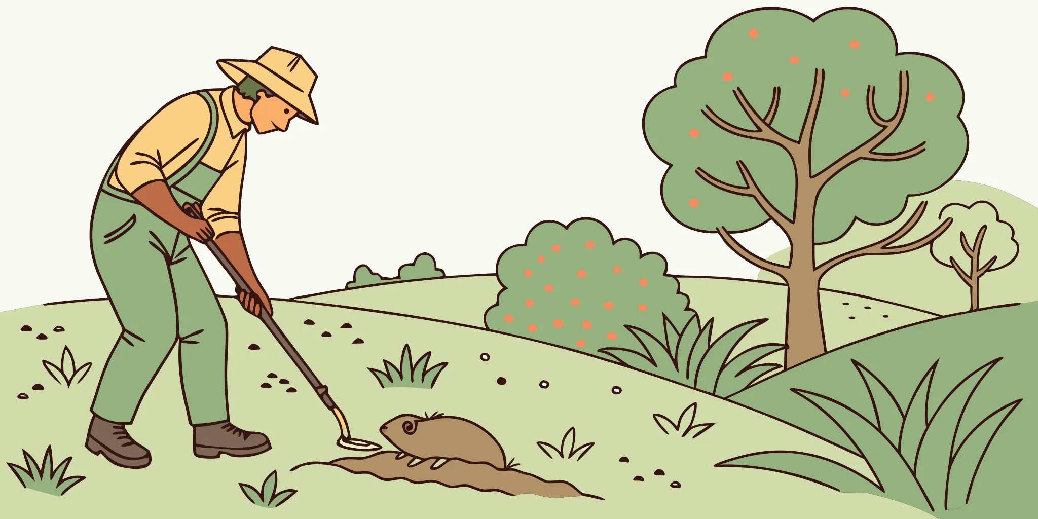 Gardener locating an active pocket gopher tunnel near a fresh mound
