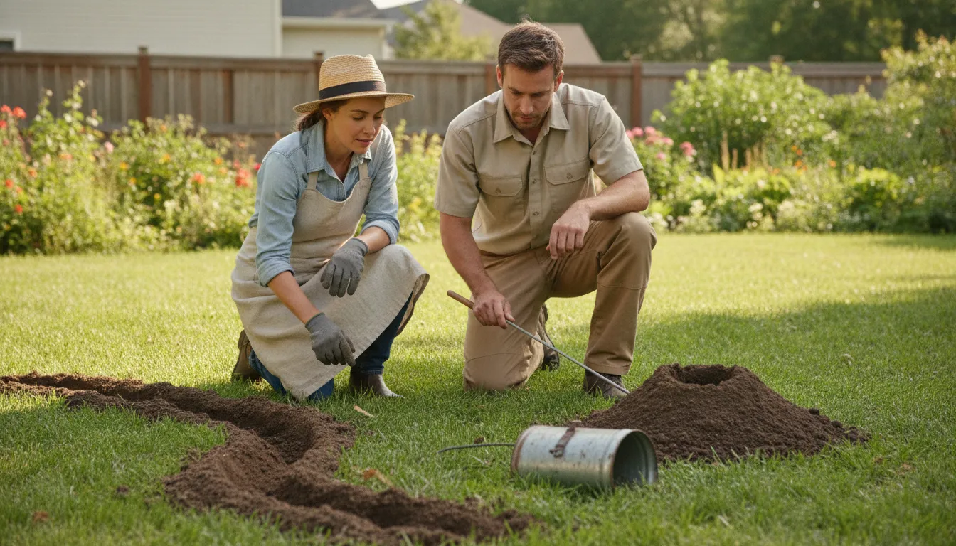 Gardener and pest-control professional identifying mole and gopher tunnel signs