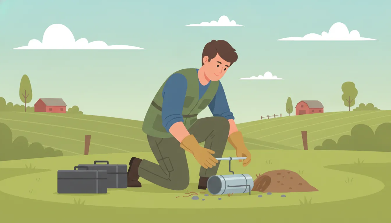 Property manager checking a mole trap beside a field tunnel