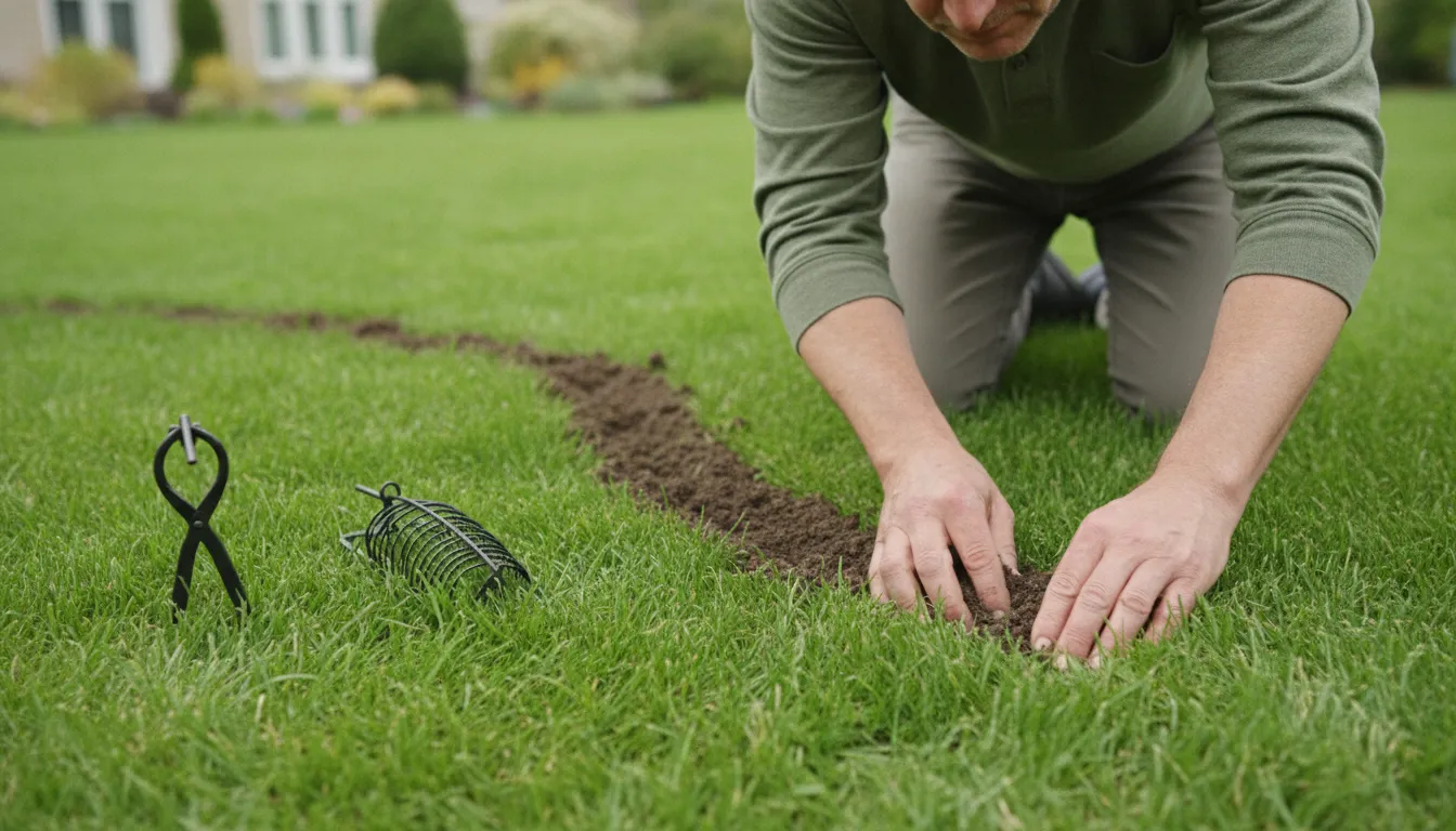 Homeowner inspecting a mole runway beside mechanical traps