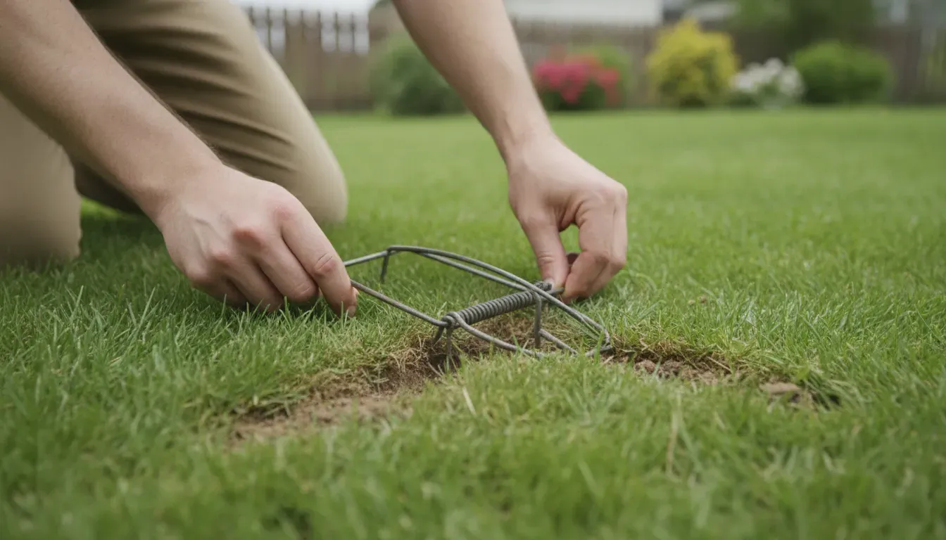 Mechanical mole trap positioned at an active lawn runway