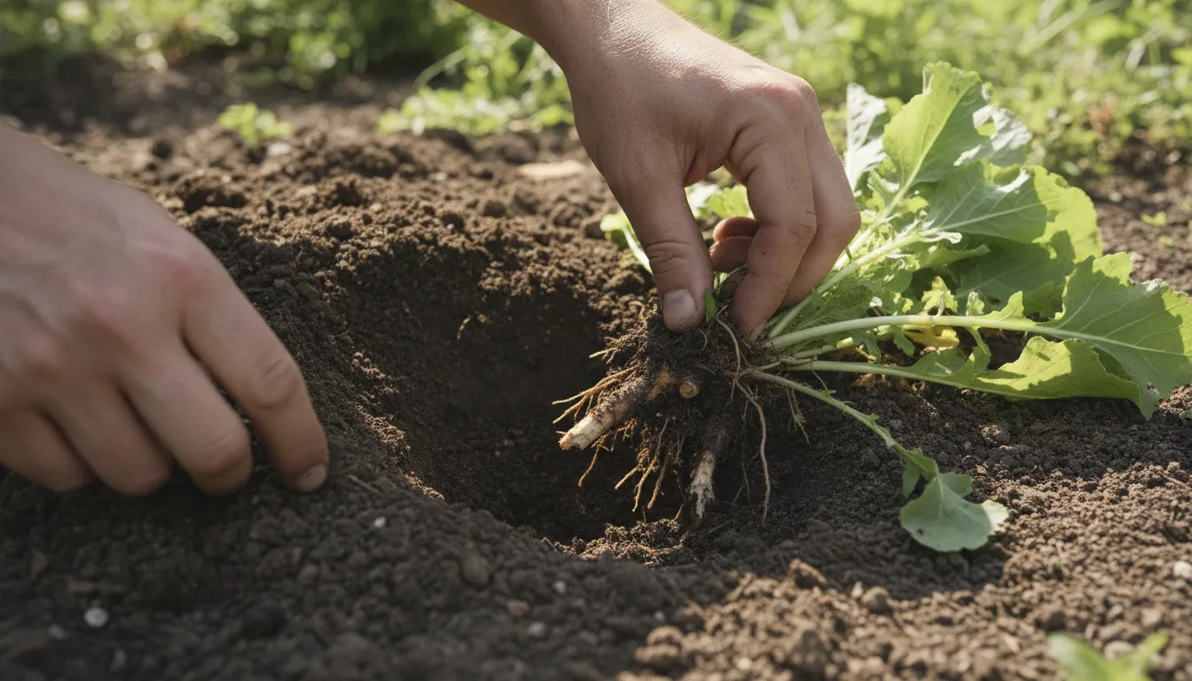 Gardener inspecting a fresh pocket gopher mound beside a damaged garden root zone