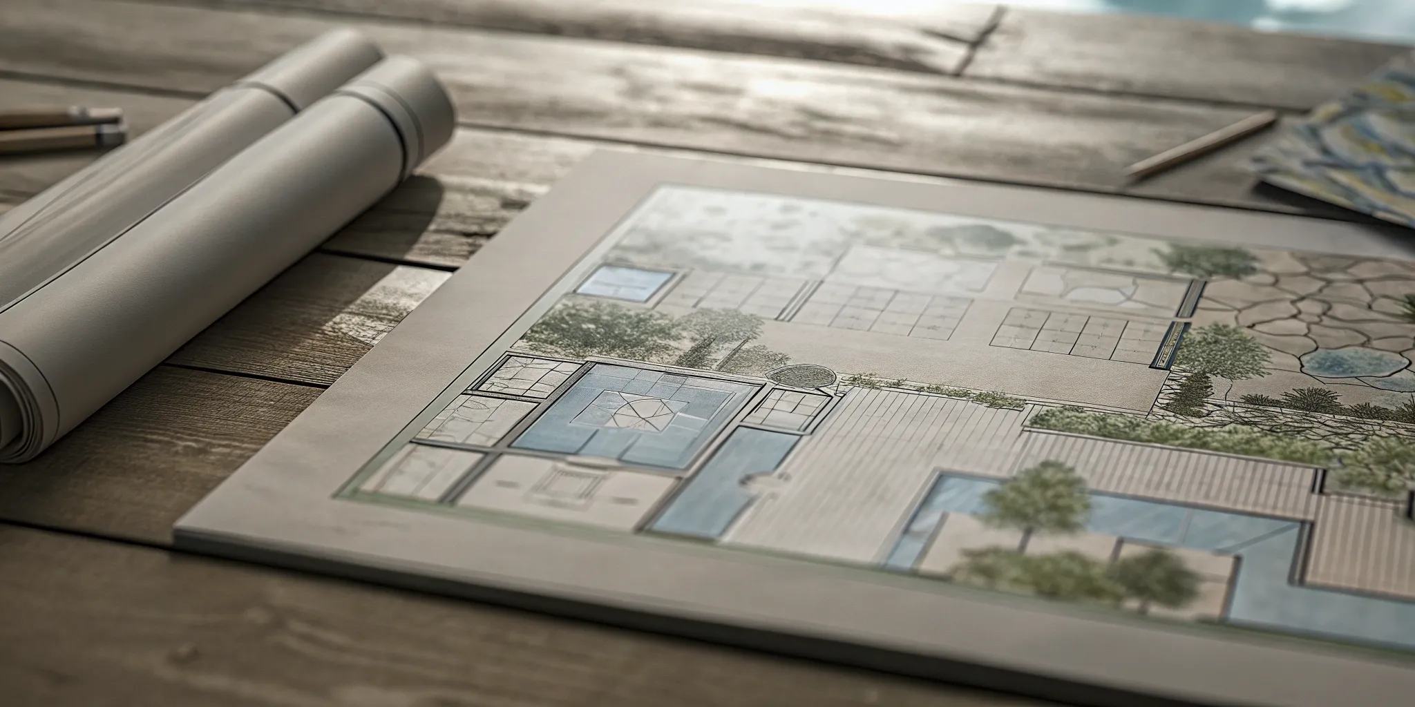 Landscape design master plan and 3D renderings for a Brandywine Valley estate showing proposed patio, retaining walls, and gardens