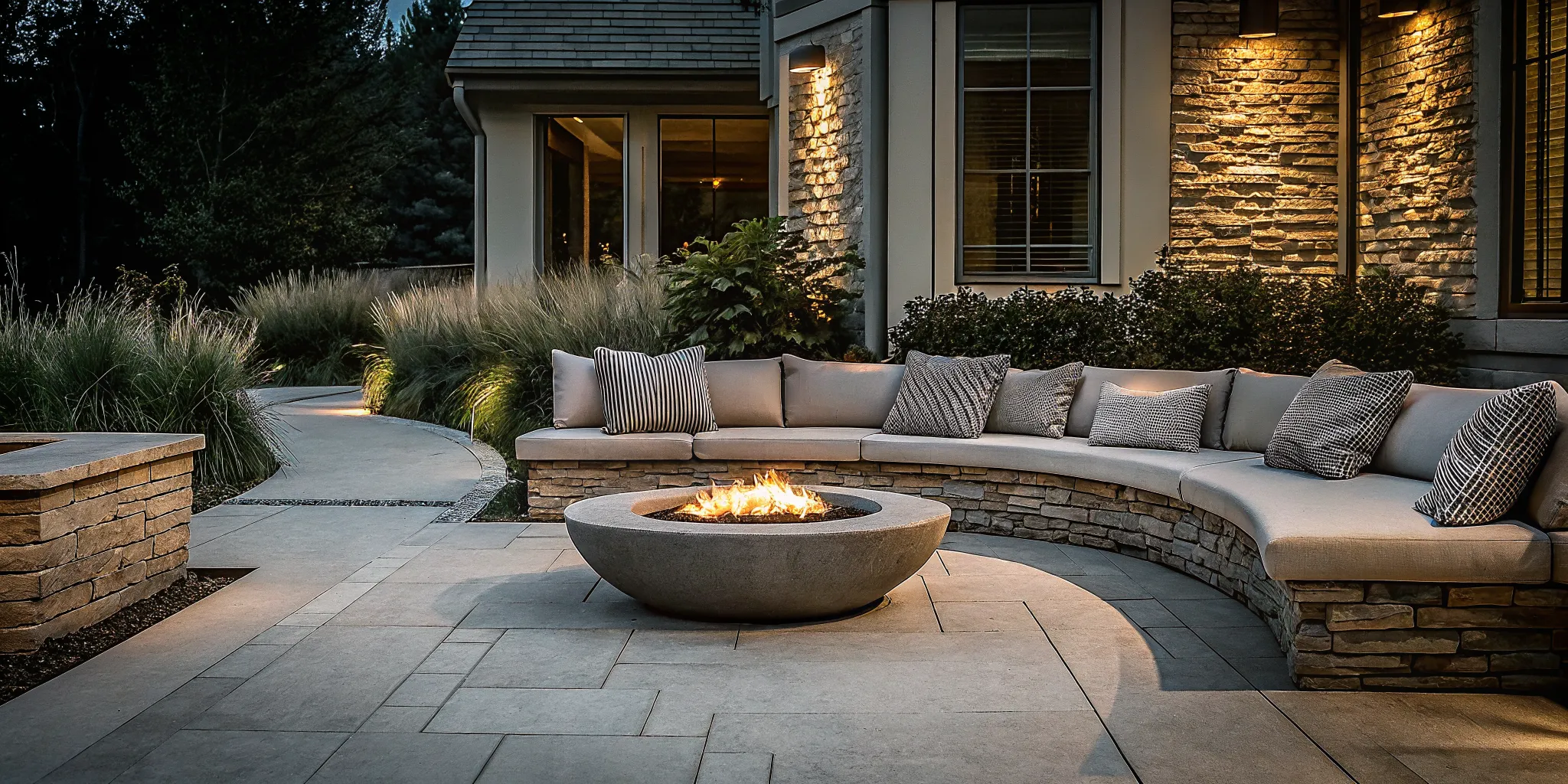 Elegant stone patio fire pit seating area at dusk featuring ambient lighting