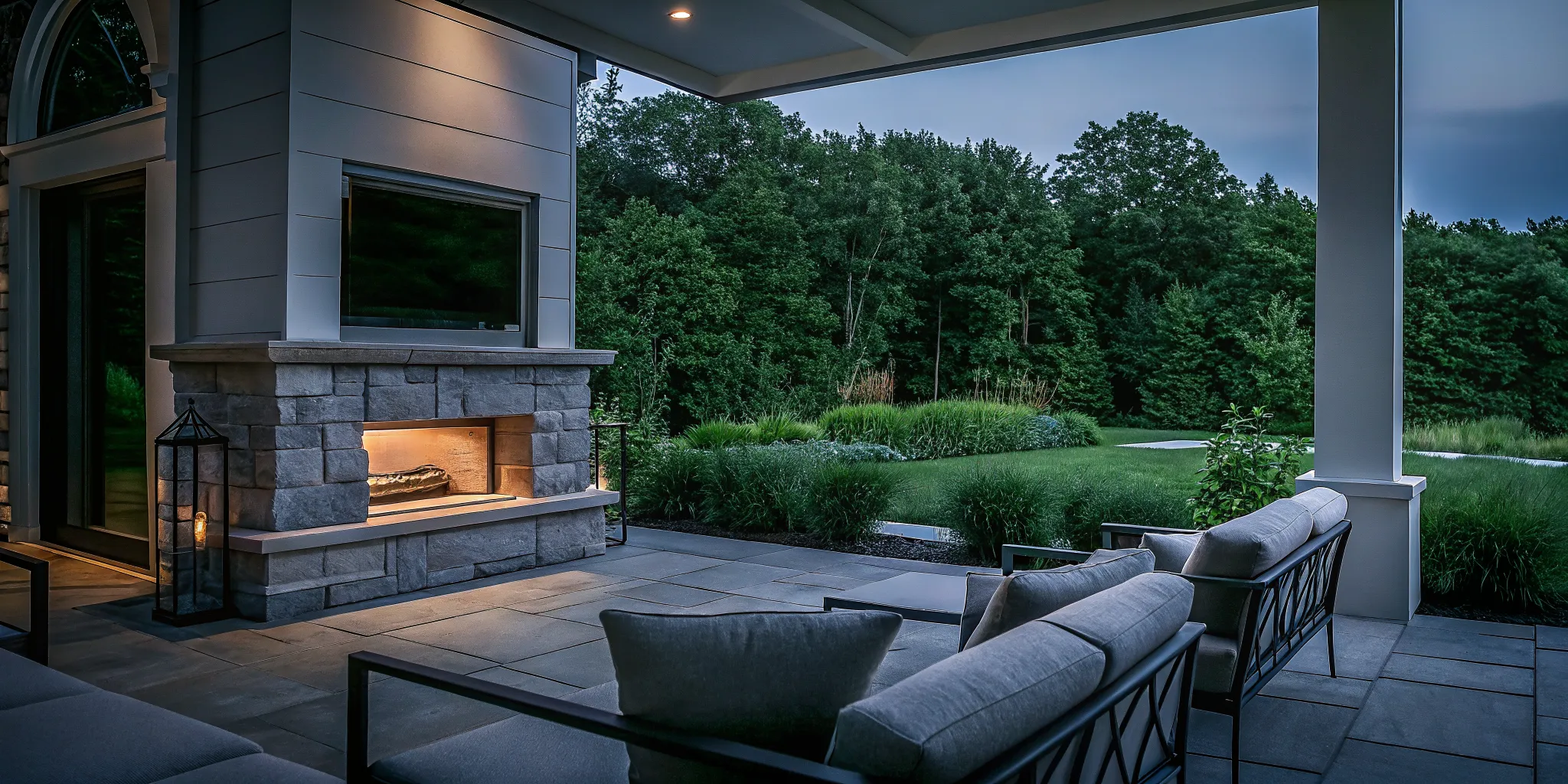 Custom screened porch with stone fireplace and lounge seating