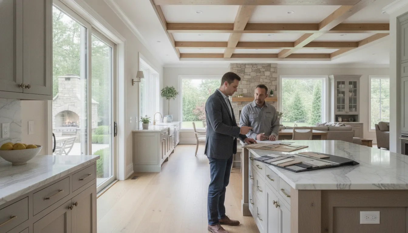 Design-build team coordinating cabinetry, stone, and whole-home remodeling details