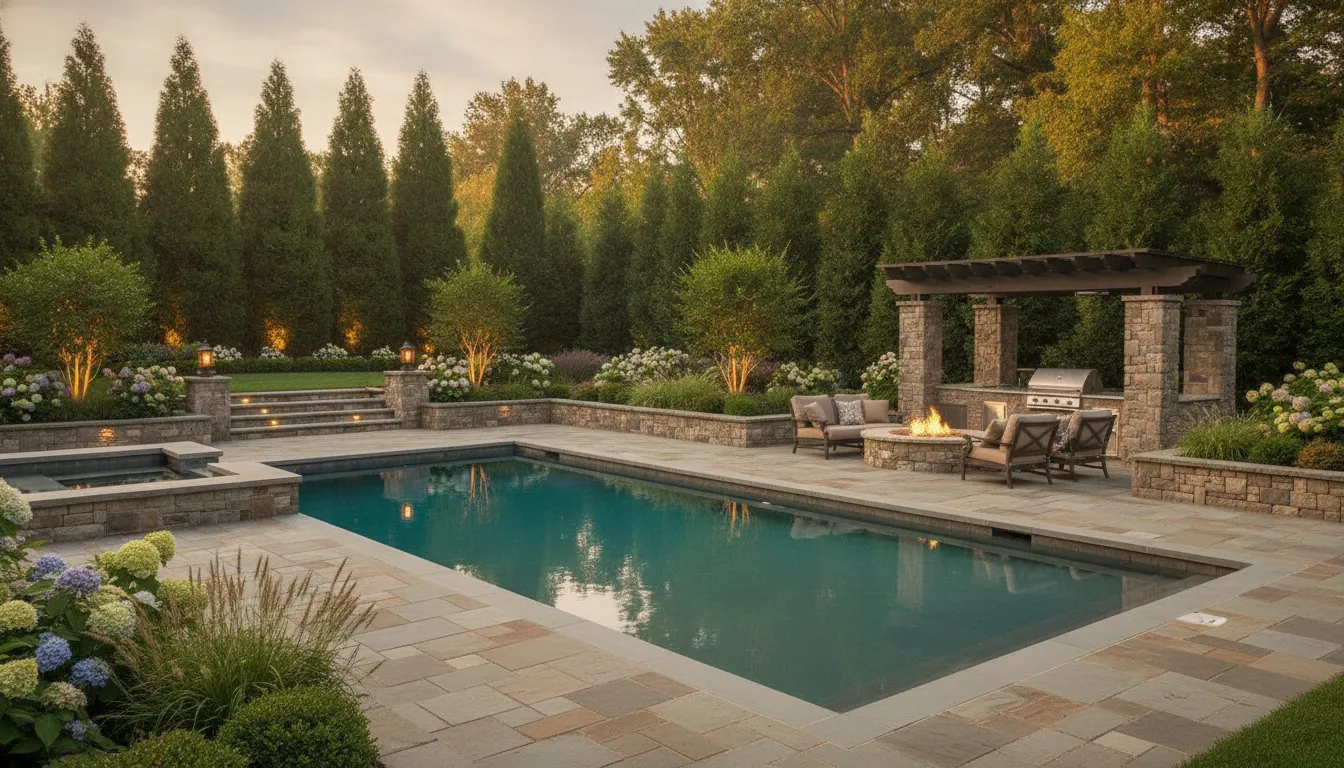Custom gunite pool integrated with Delaware Valley landscaping and outdoor living spaces