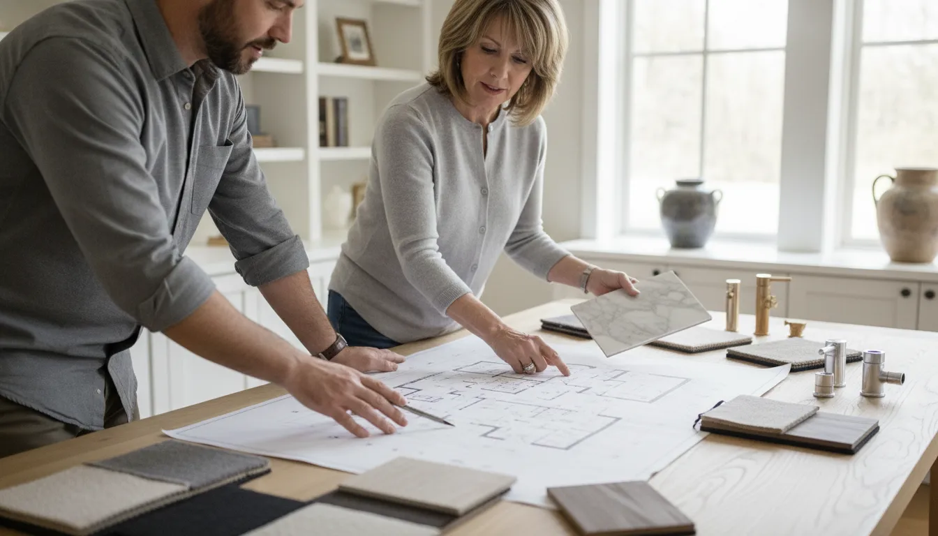 Homeowner reviewing bathroom renovation materials with a craftsperson