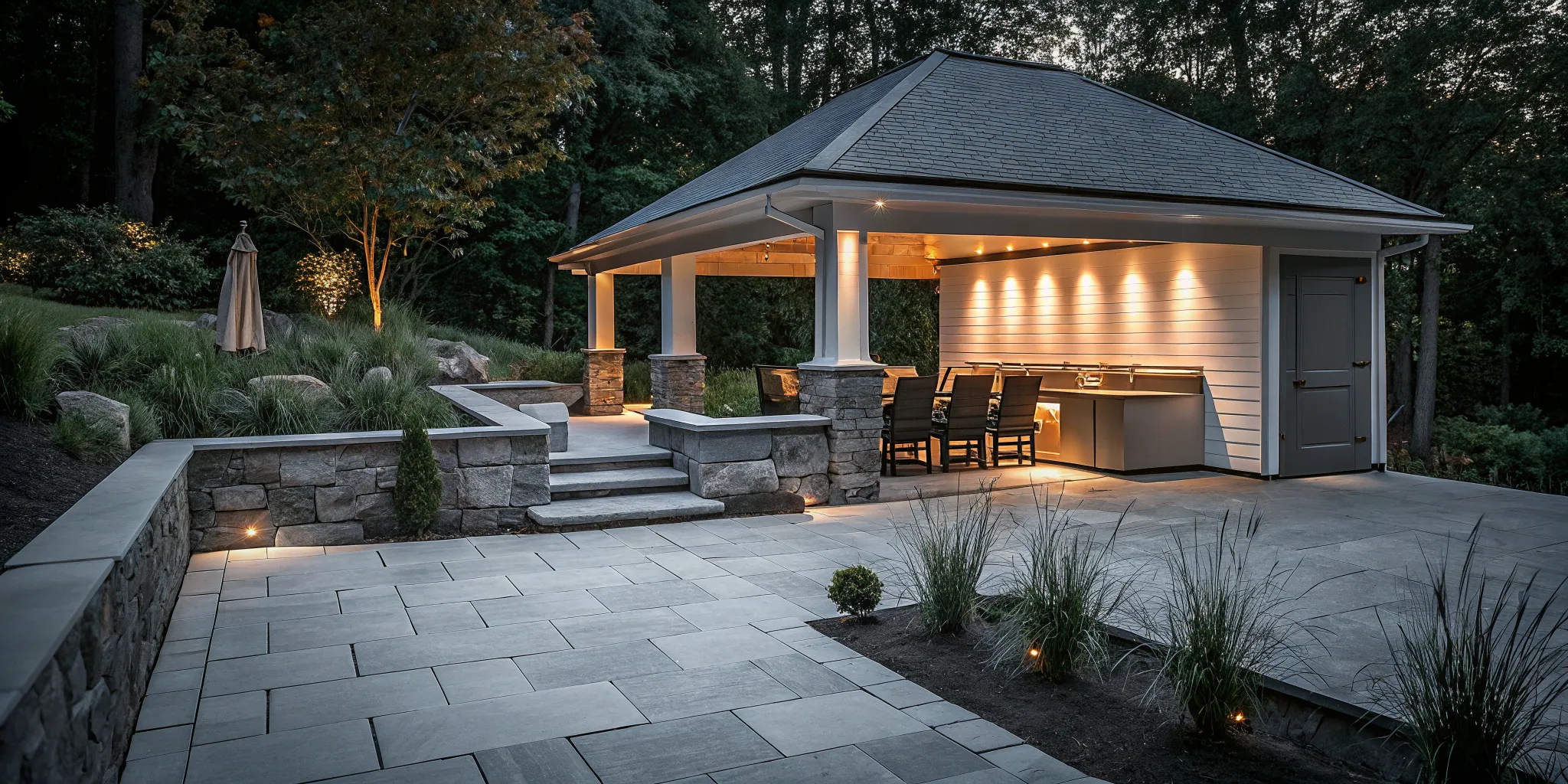 Integrated backyard design with stone patio, layered landscaping, and outdoor lighting