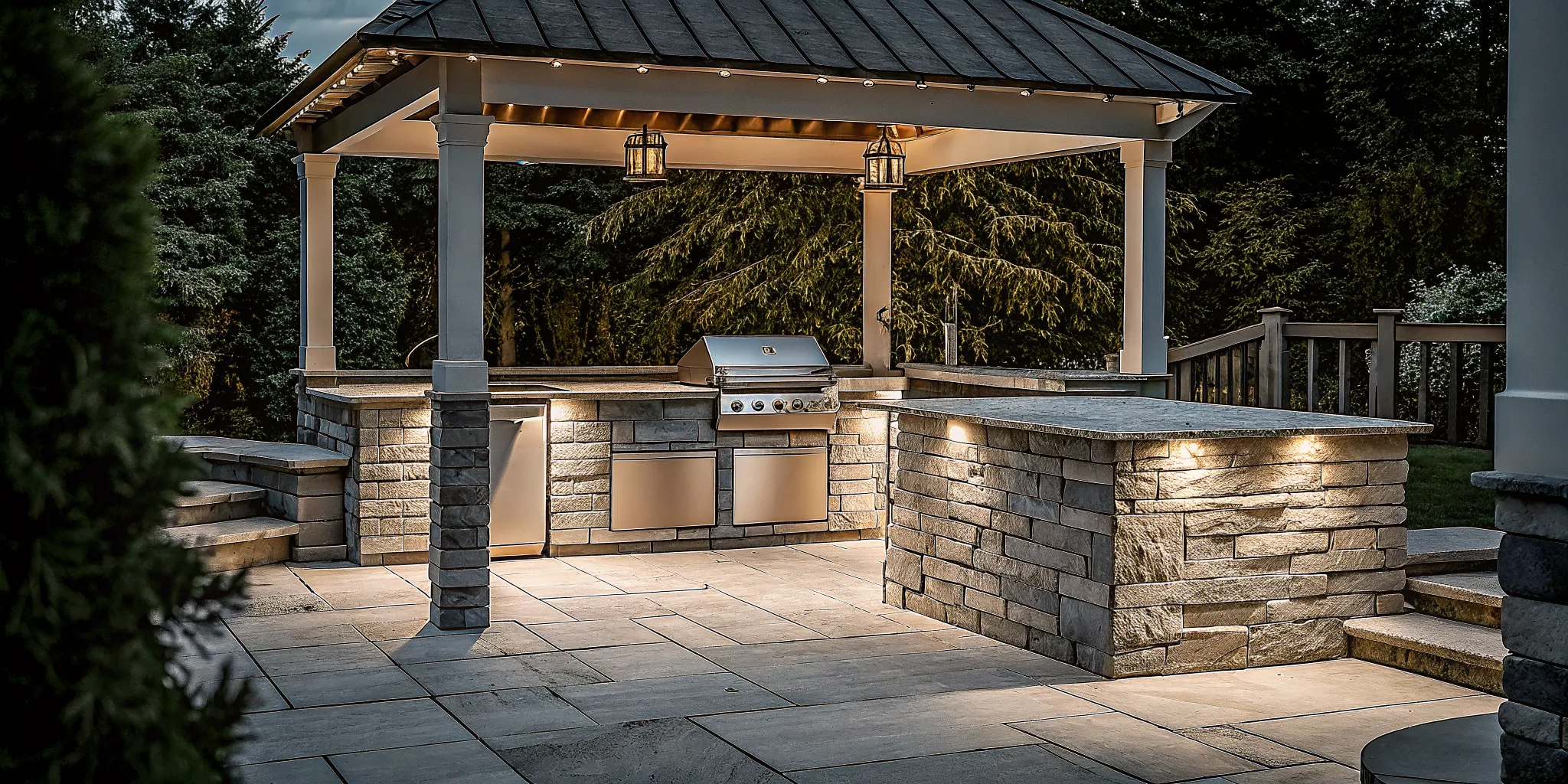 Covered luxury outdoor kitchen ideas with natural stone island and built-in grill