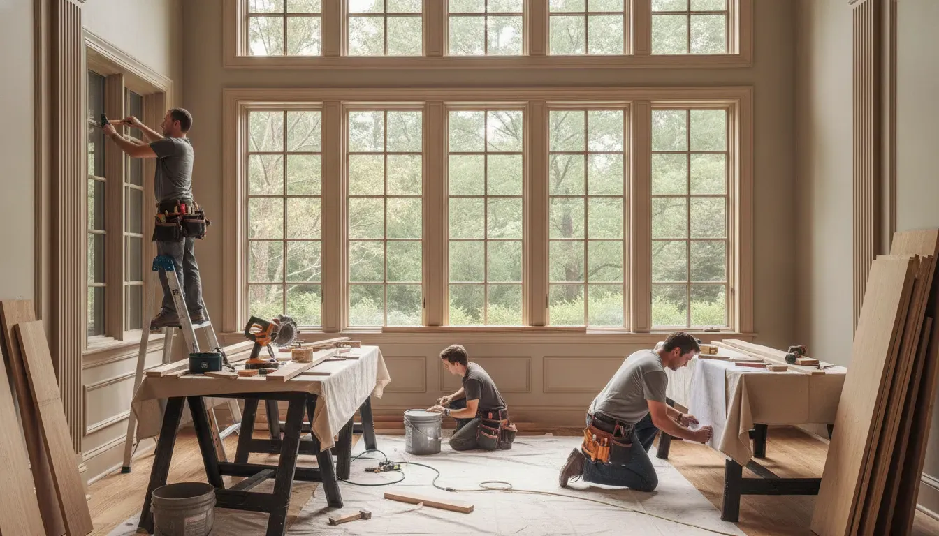 Craftspeople installing custom millwork during a full house renovation