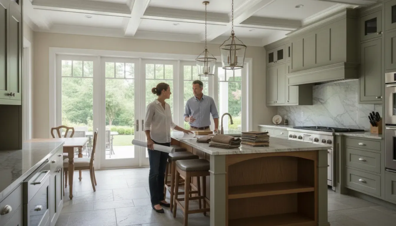 Homeowners reviewing kitchen design choices during a full house renovation