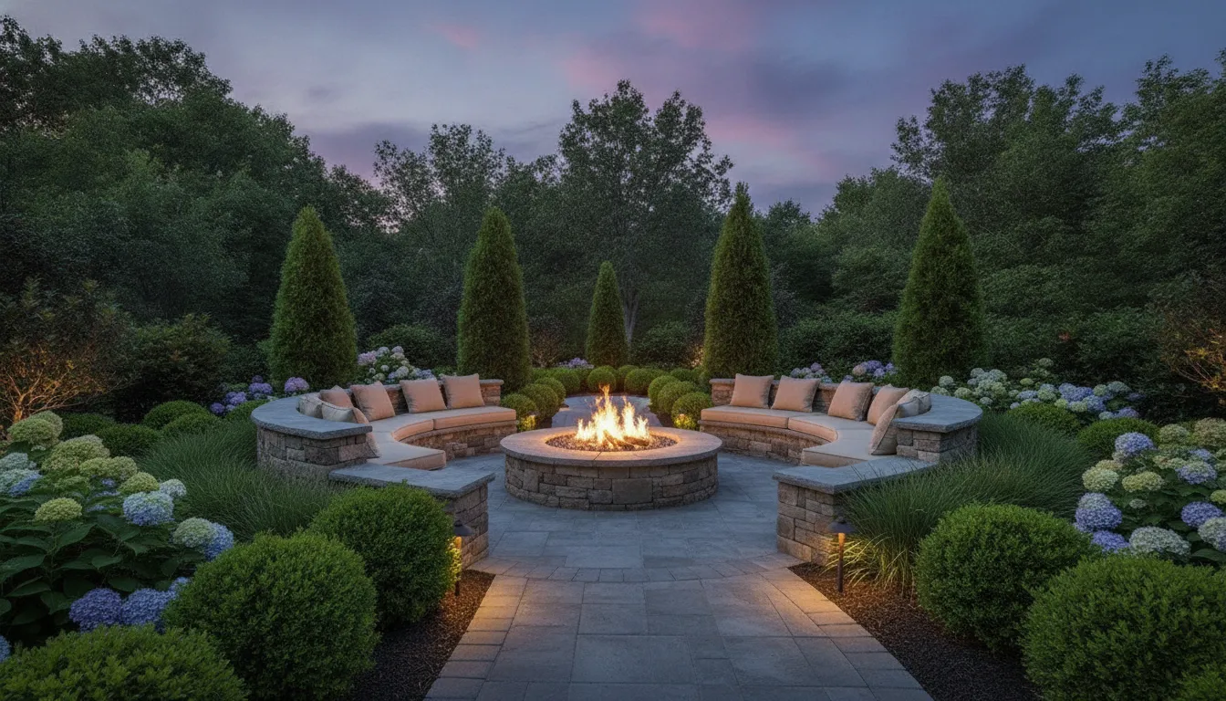 Refined stone fire pit seating area with a clear garden path