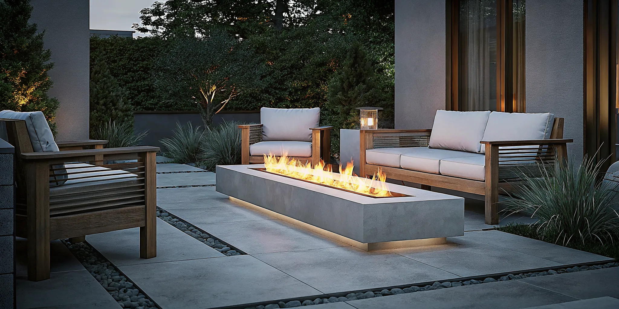 Contemporary gas fire table with sectional seating in a landscaped backyard