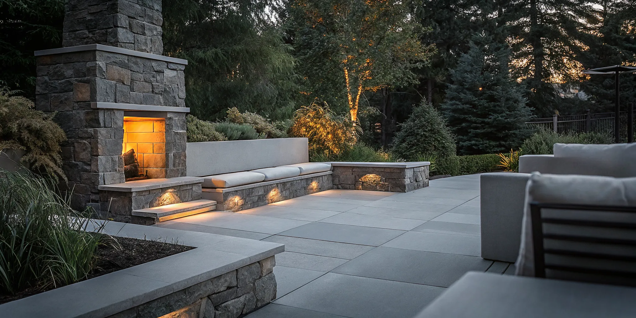 Natural stone outdoor fireplace with built-in seating at dusk