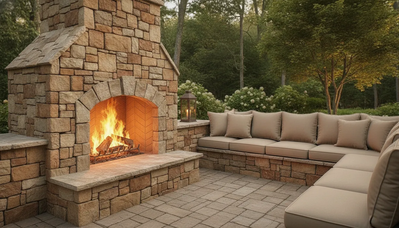 Natural stone outdoor fireplace hearth beside built-in seating