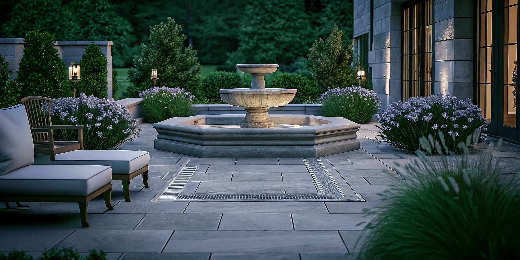 Elegant tiered stone garden fountain surrounded by blooming perennials and a flagstone patio in a formal courtyard setting