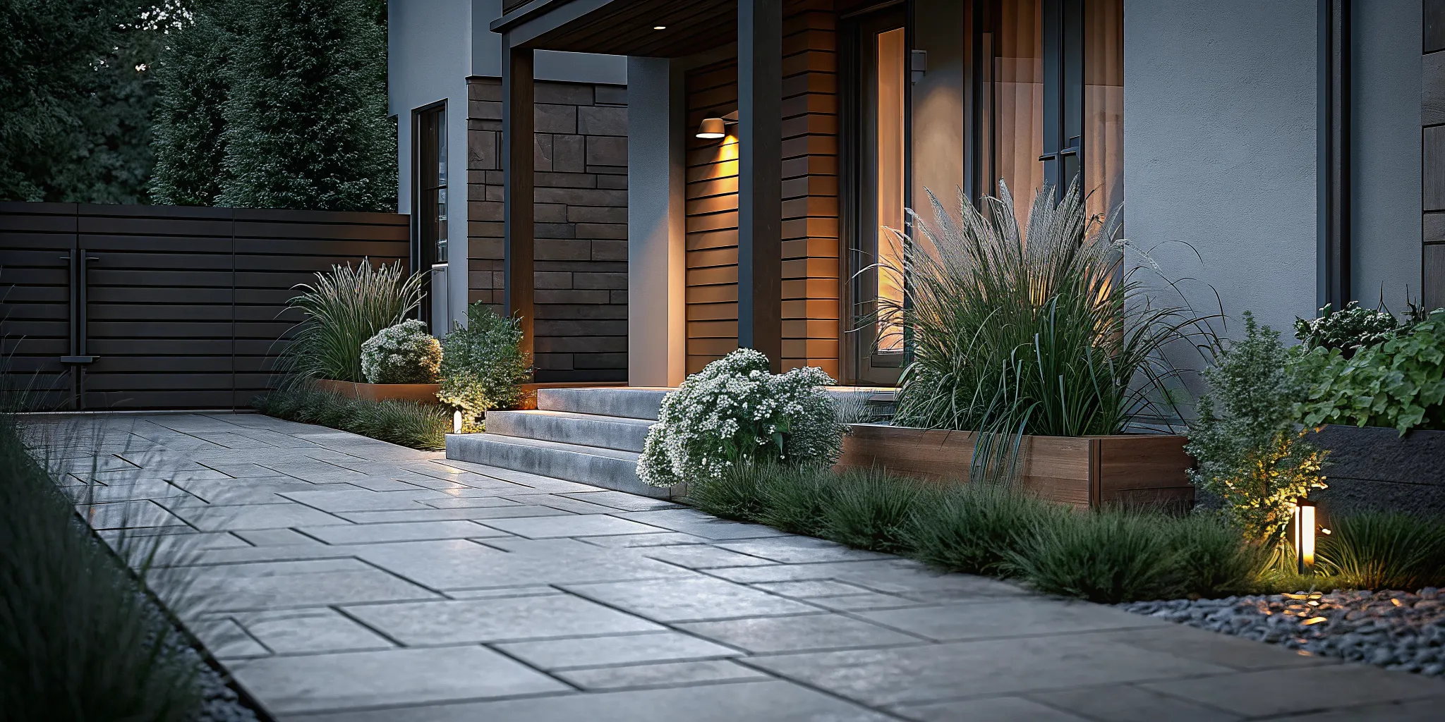 Natural stone walkway bordered by layered evergreens and ornamental grasses, elegant front yard landscaping ideas for Delaware homes