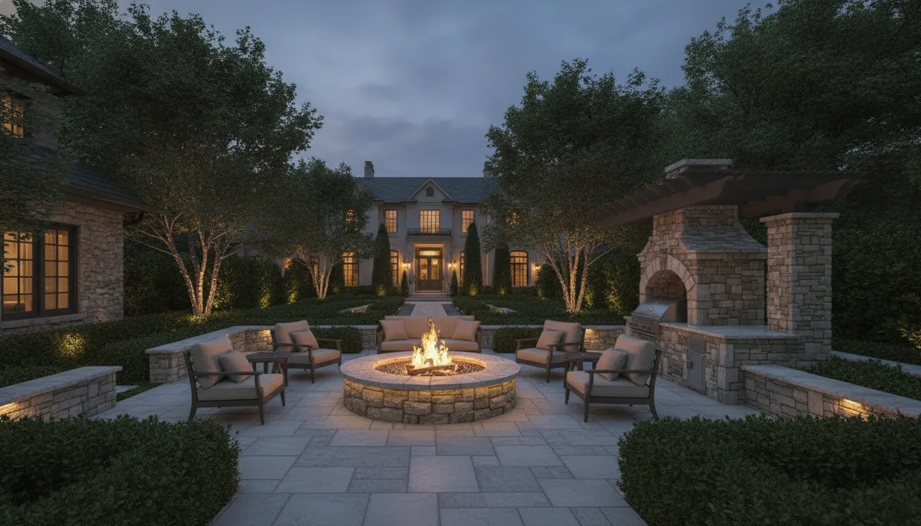 Layered landscape lighting across a luxury terrace and mature garden