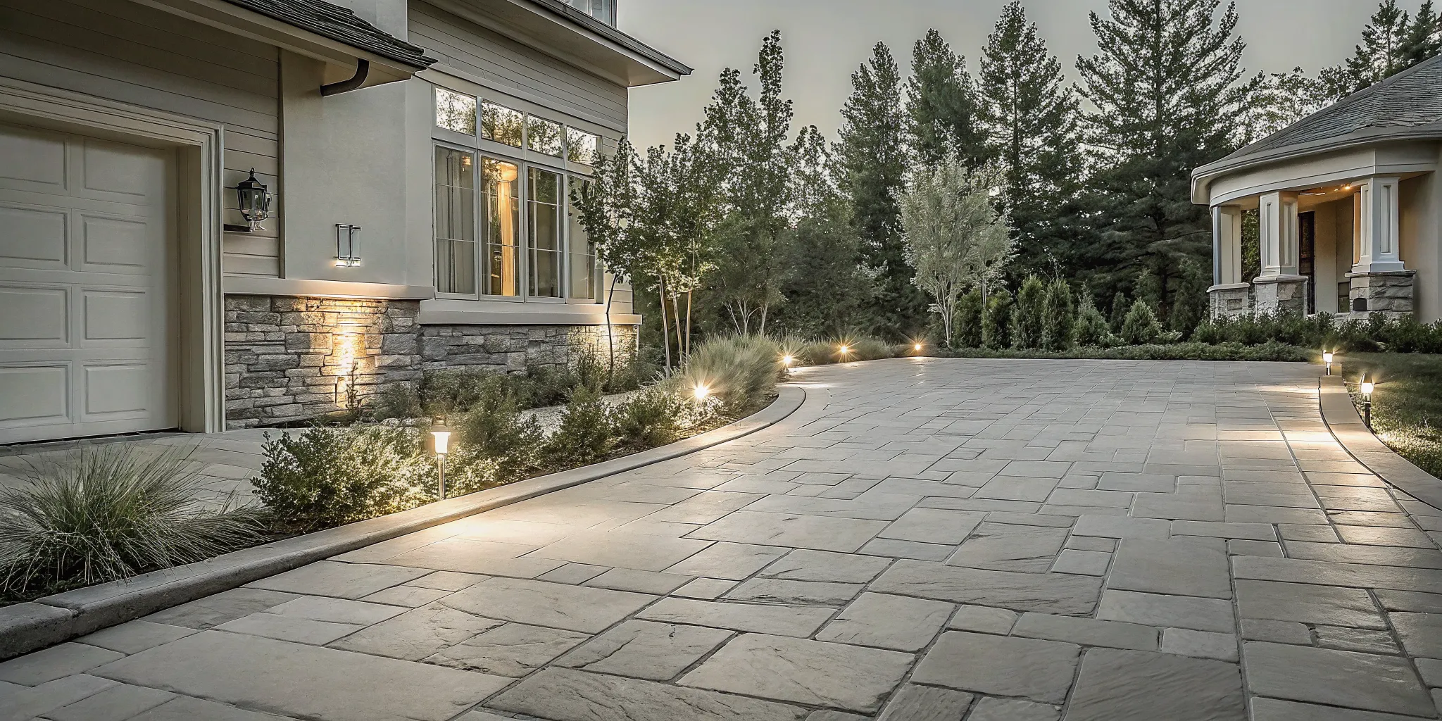 Professional front yard landscape lighting at dusk with path lights and uplighting on trees, front yard landscaping ideas for evening appeal