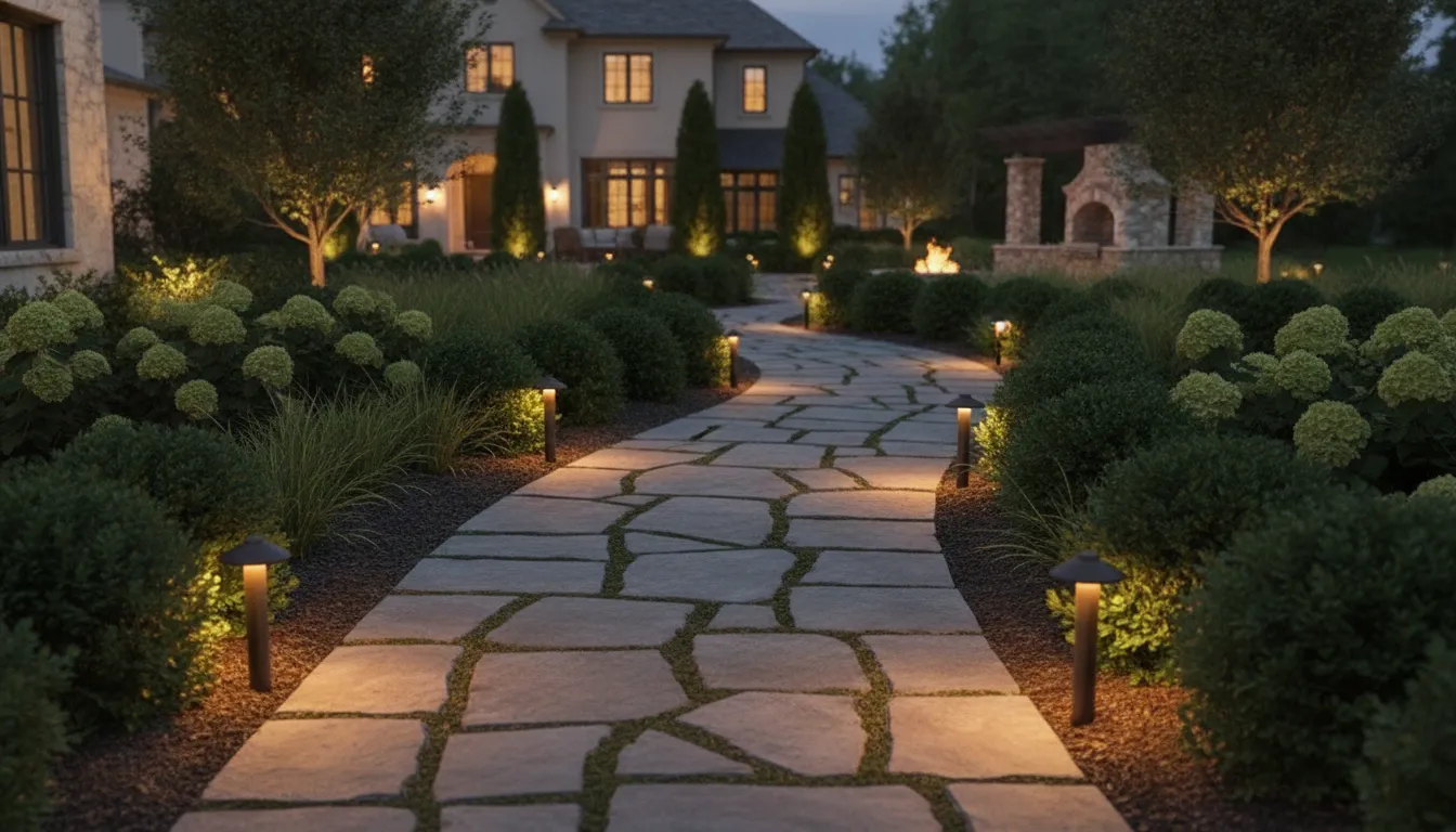 Discreet path lights guiding a stone walkway through a luxury garden