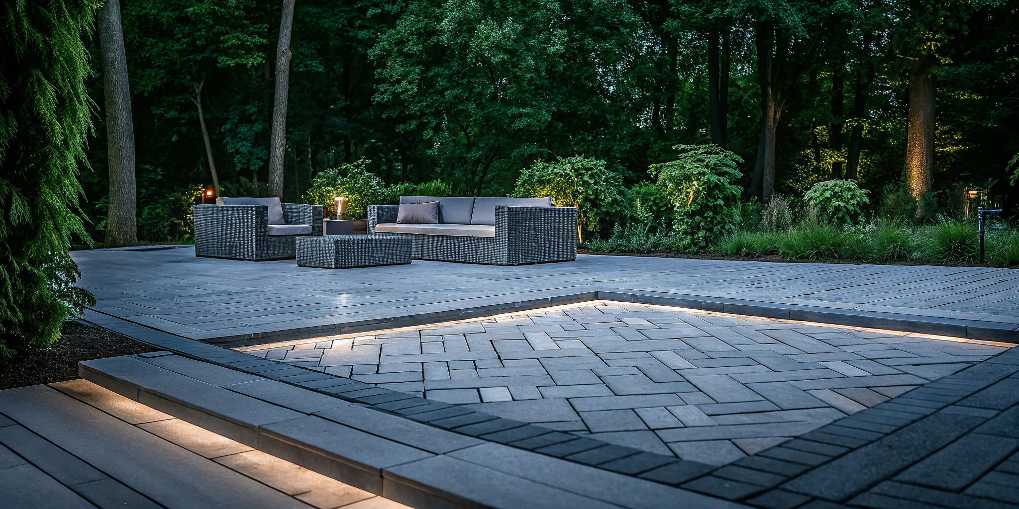 Herringbone paver patio pattern at a Delaware luxury home with outdoor seating and landscape lighting