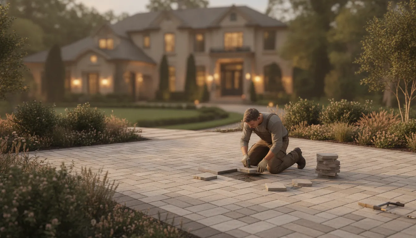 Mason setting pavers for a Delaware Valley patio