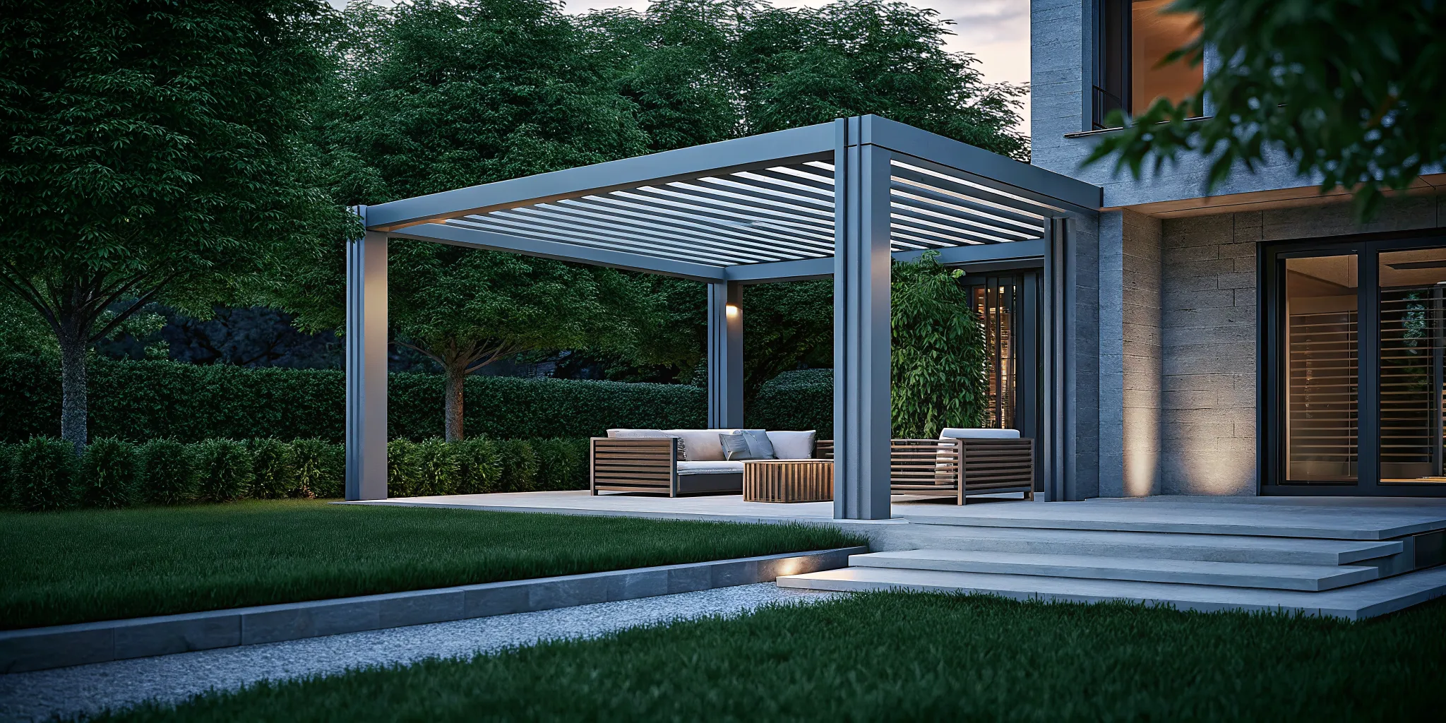 Modern aluminum pergola with adjustable louvered roof