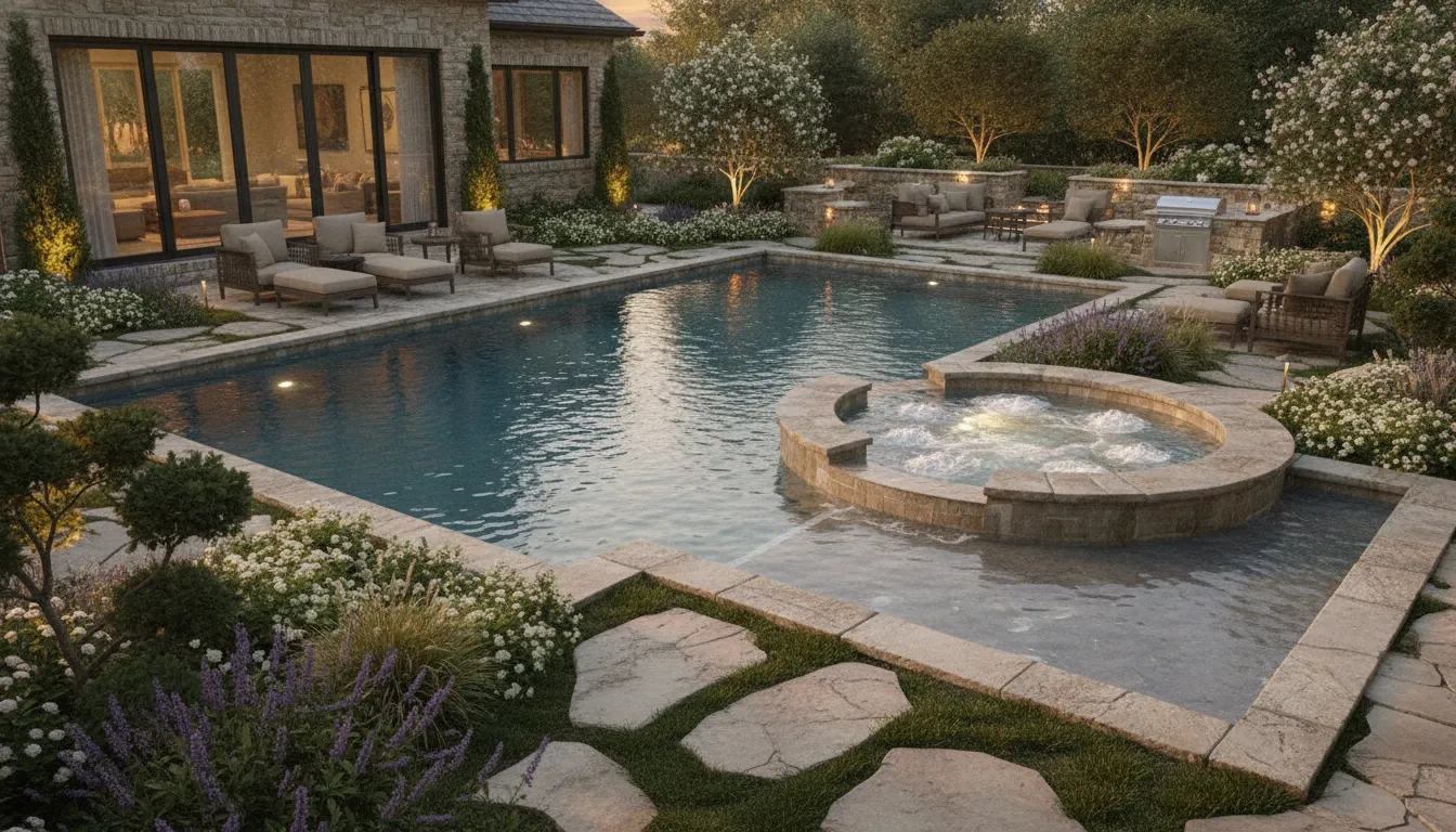 Gunite inground pool with integrated spa and stone hardscaping in a Delaware Valley backyard