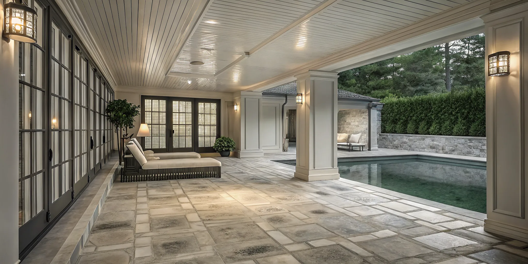 Resort-style pool house pavilion with stone flooring, lounge area, and evening lighting near a custom swimming pool