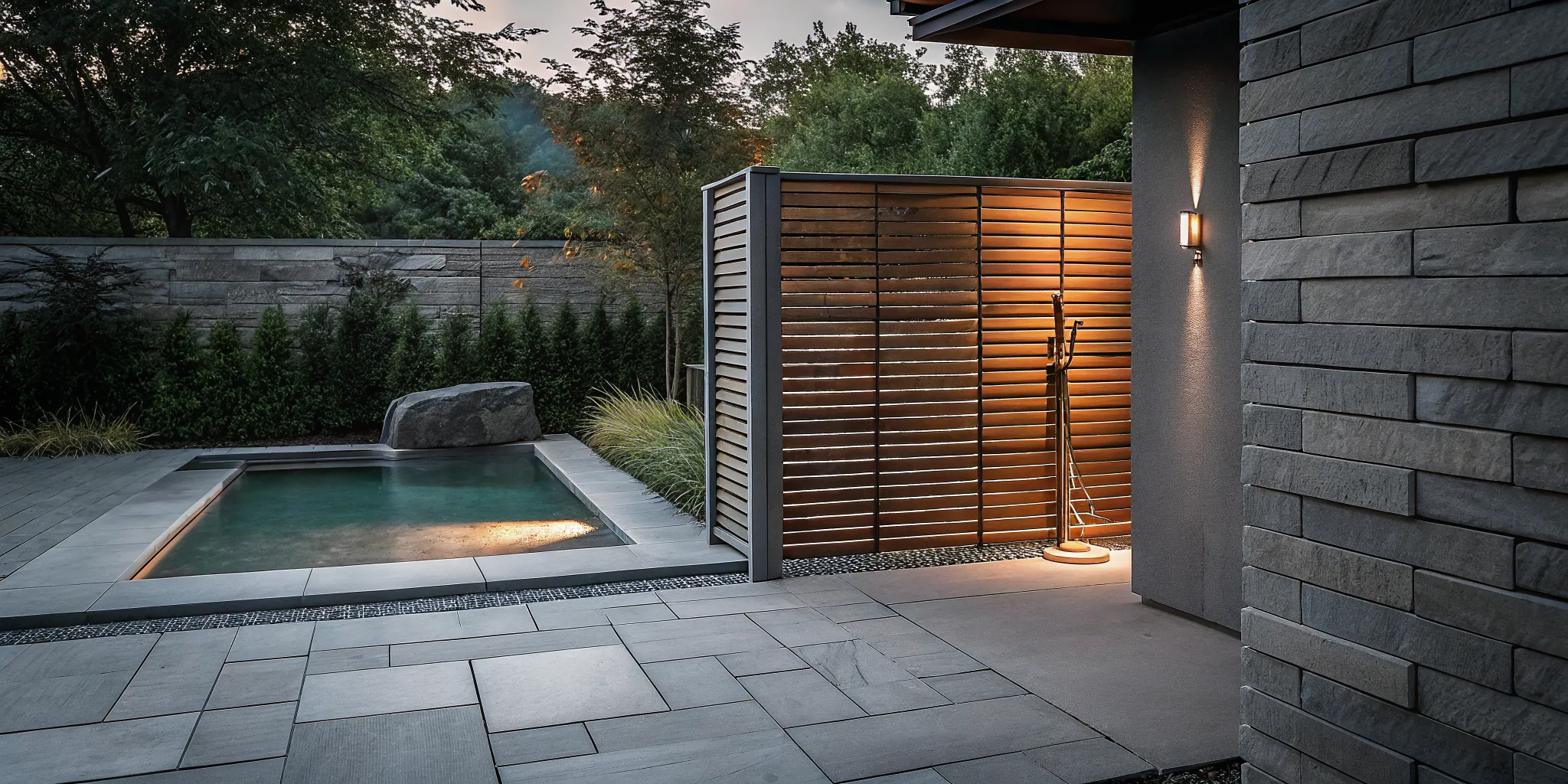 Modern luxury outdoor shower with cedar screening and natural stone beside a backyard pool