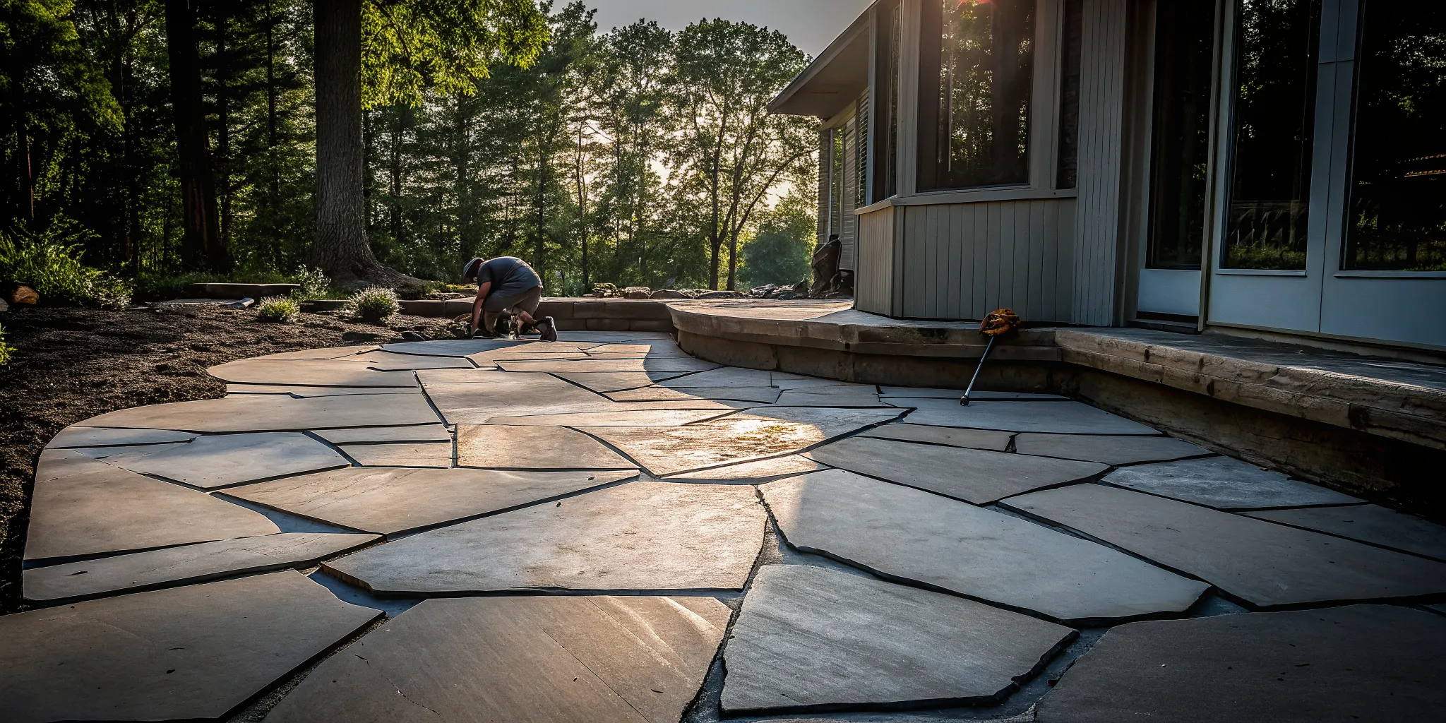 Luxury flagstone patio with natural stone pieces forming an organic pattern at a Delaware estate property