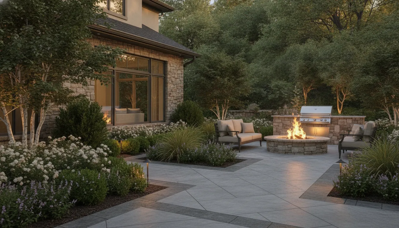 Custom outdoor terrace with decorative concrete and coordinated landscaping