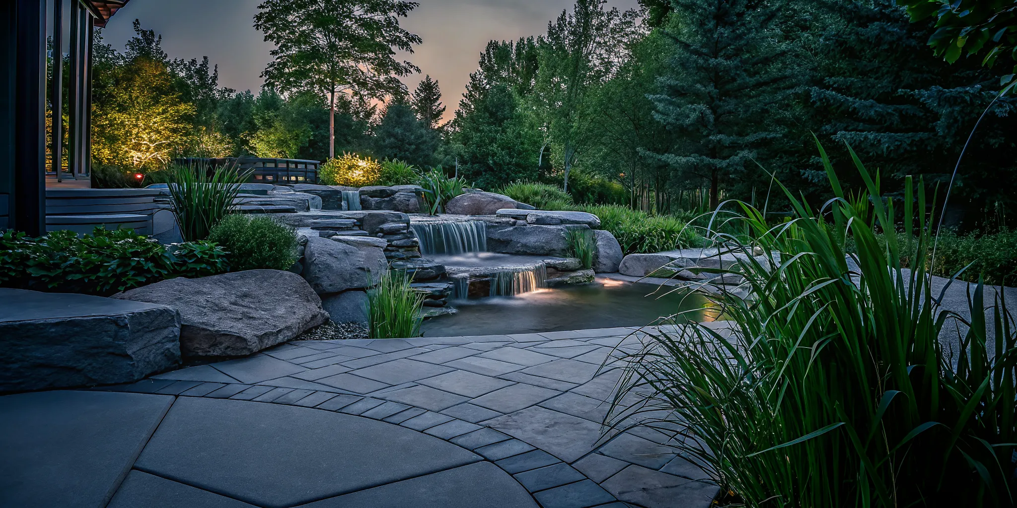 Luxury natural stone waterfall and koi pond in a professionally landscaped backyard with mature trees and outdoor seating at golden hour