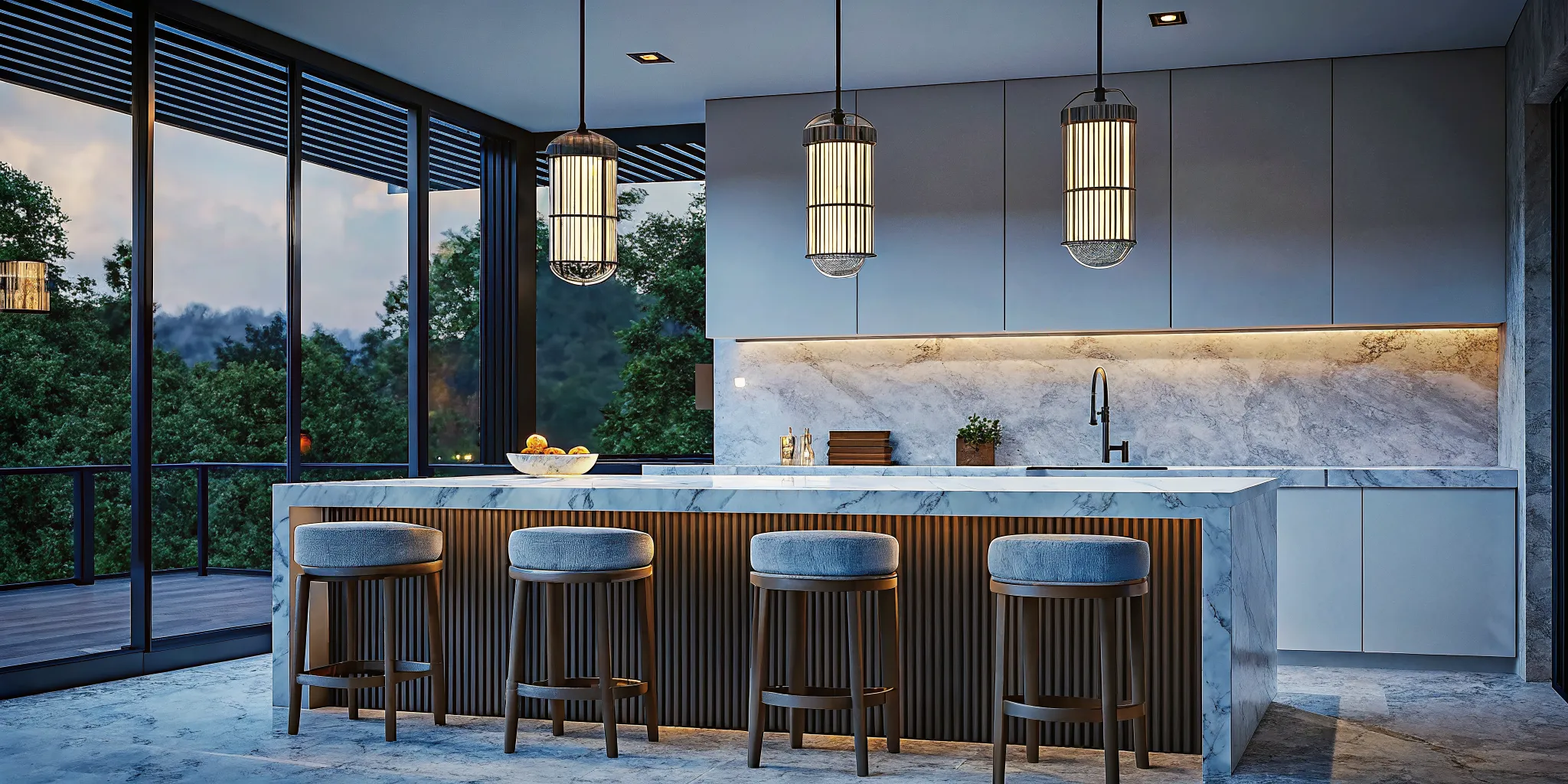 Modern kitchen island with marble countertop, pendant lights, and bar seating
