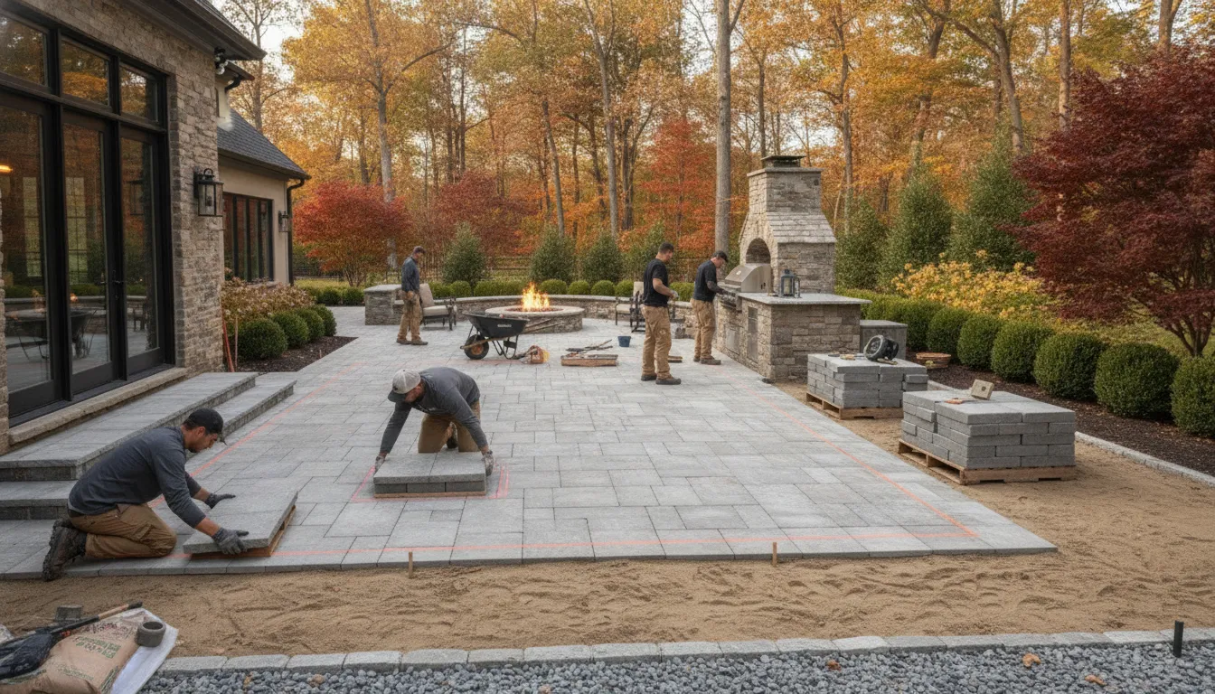 Professional crew laying luxury pavers during paver patio installation for a Delaware Valley home
