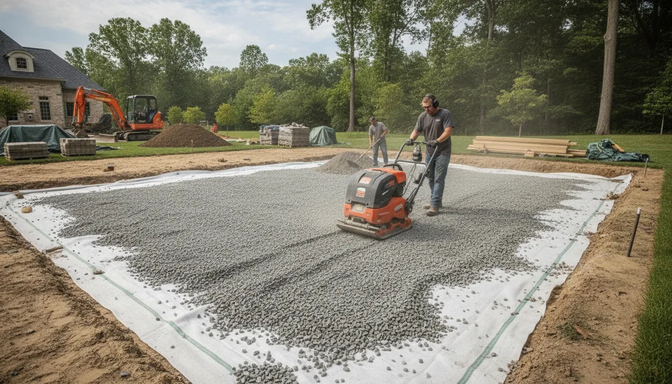 Crew compacting a crushed stone base during paver patio installation in the Delaware Valley