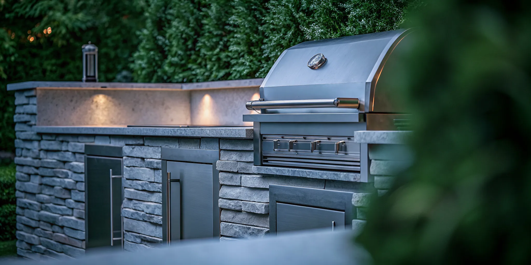 Luxurious handcrafted outdoor kitchen design by DiSabatino with stone veneer and granite countertops