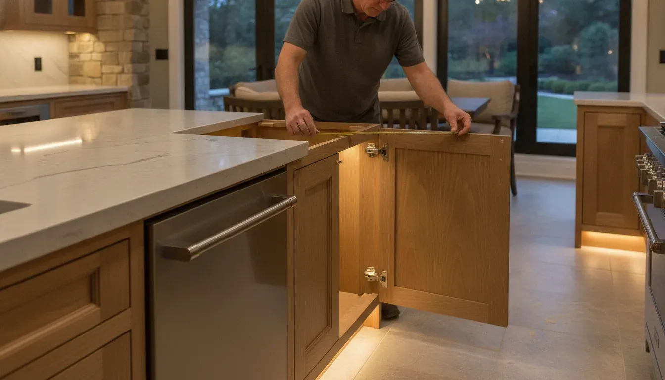 Craftsperson checking the fit of custom kitchen cabinetry