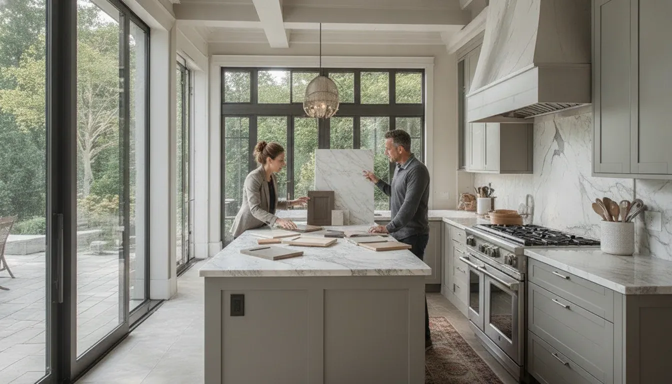 Homeowner and kitchen designer reviewing material choices during project planning