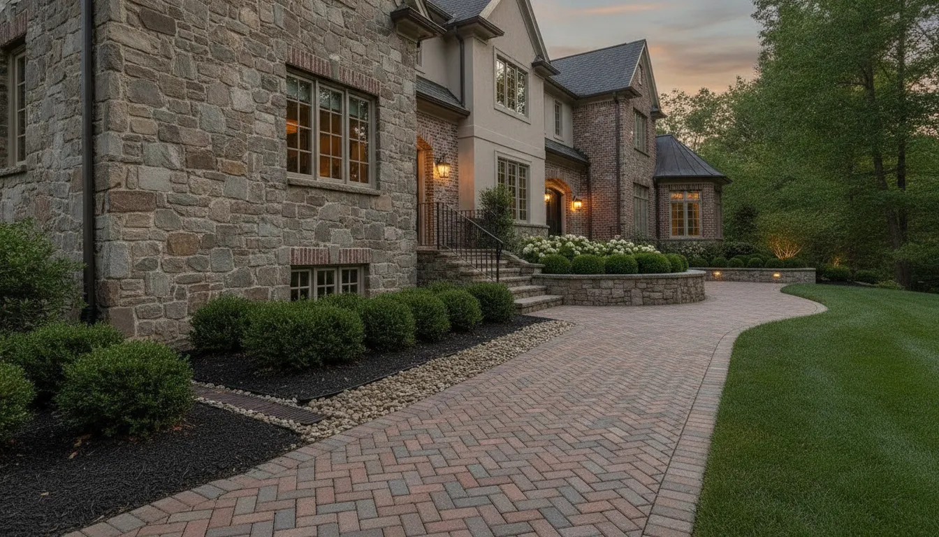 Stone foundation and walkway planned with discreet water-management details