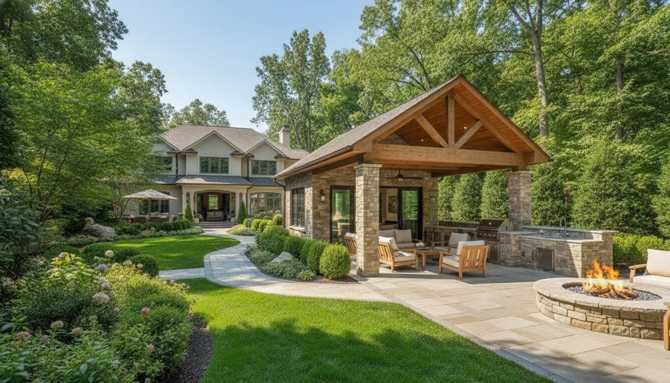 Pool house outdoor kitchen and covered entertaining terrace