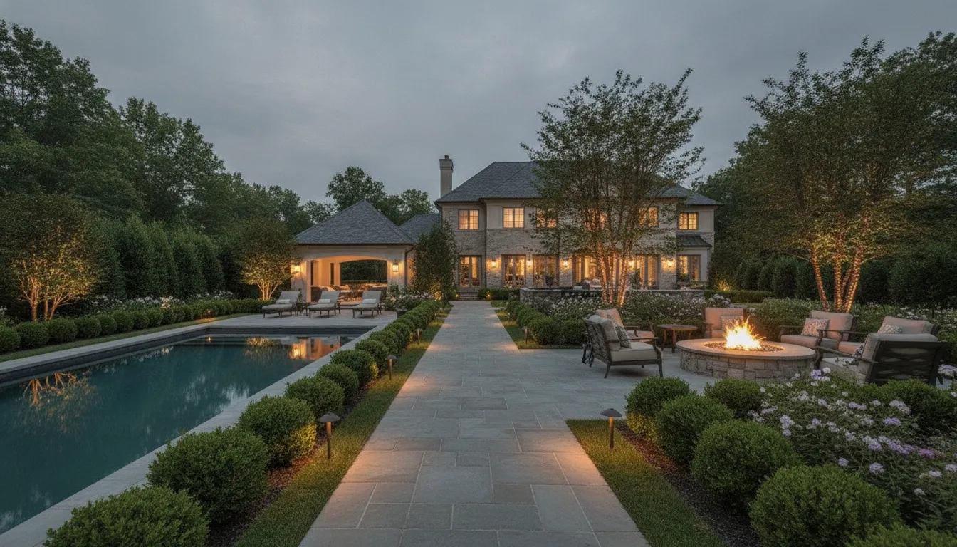 Pool house walkway connecting a residence, pool, patio, and garden