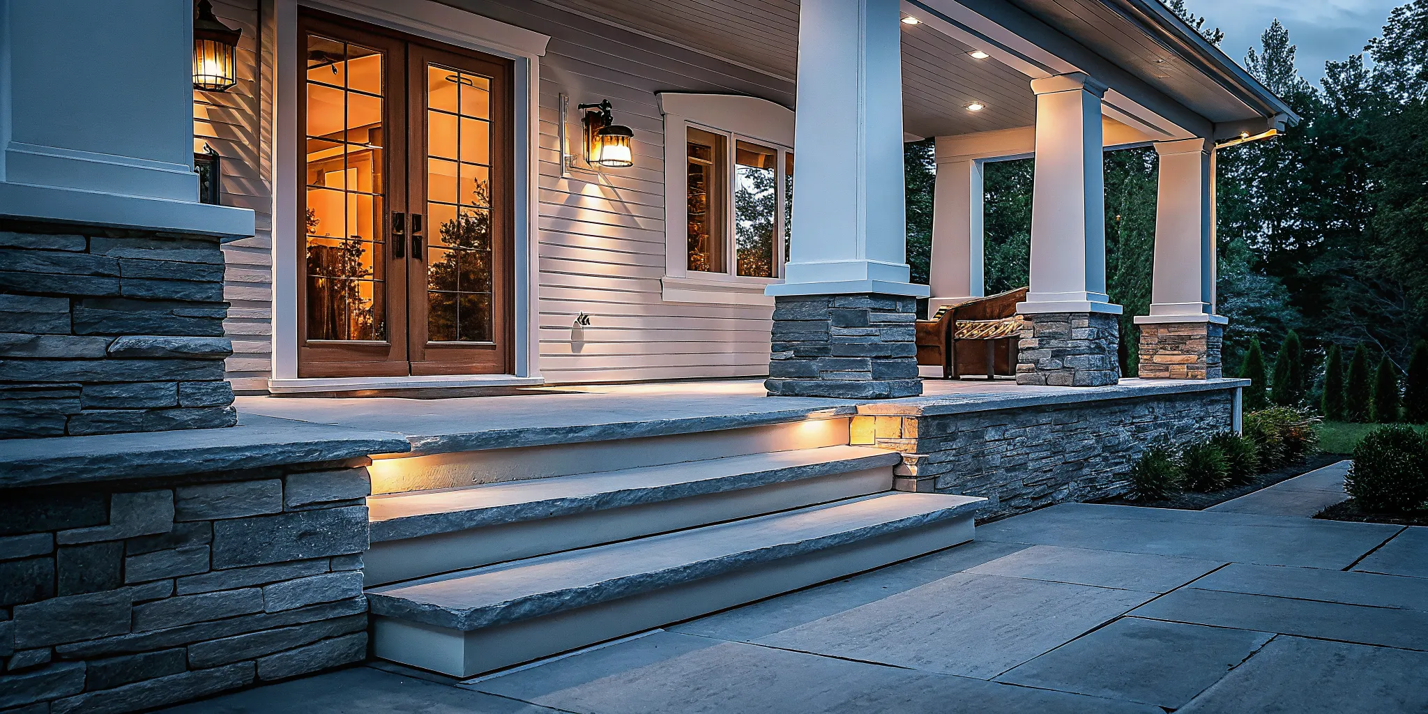 A front porch with natural stone flooring, square columns, and warm low-voltage lighting at twilight