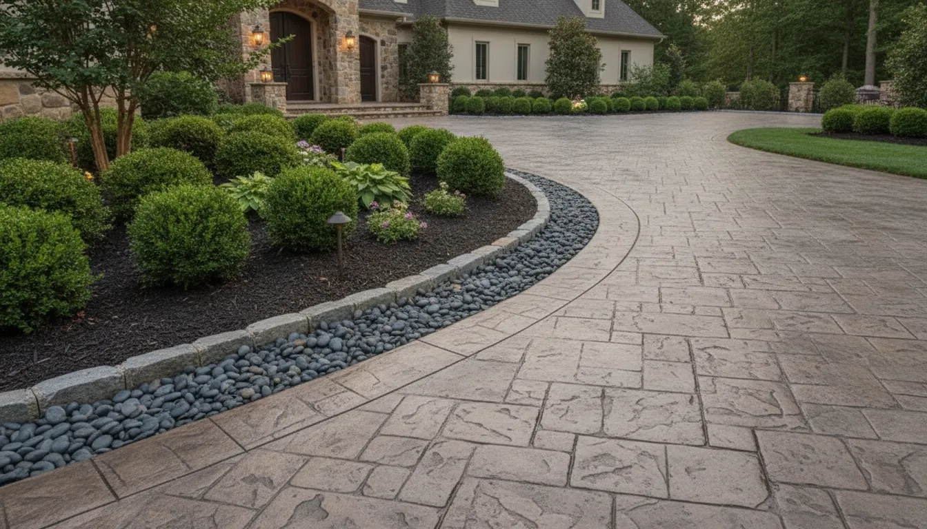 Stamped concrete driveway edge meeting a landscaped bed and drainage transition