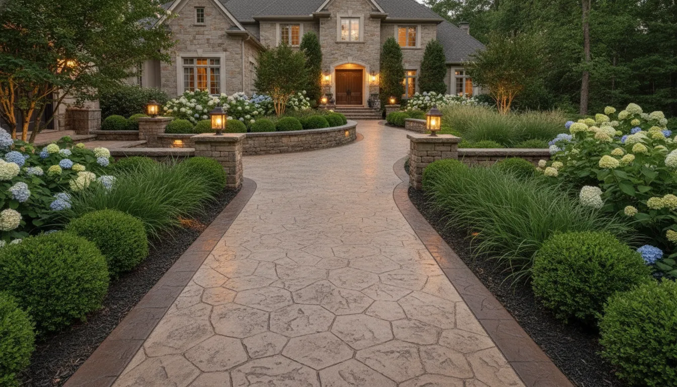 Finished stamped concrete walkway with a stone pattern beside landscaped planting beds