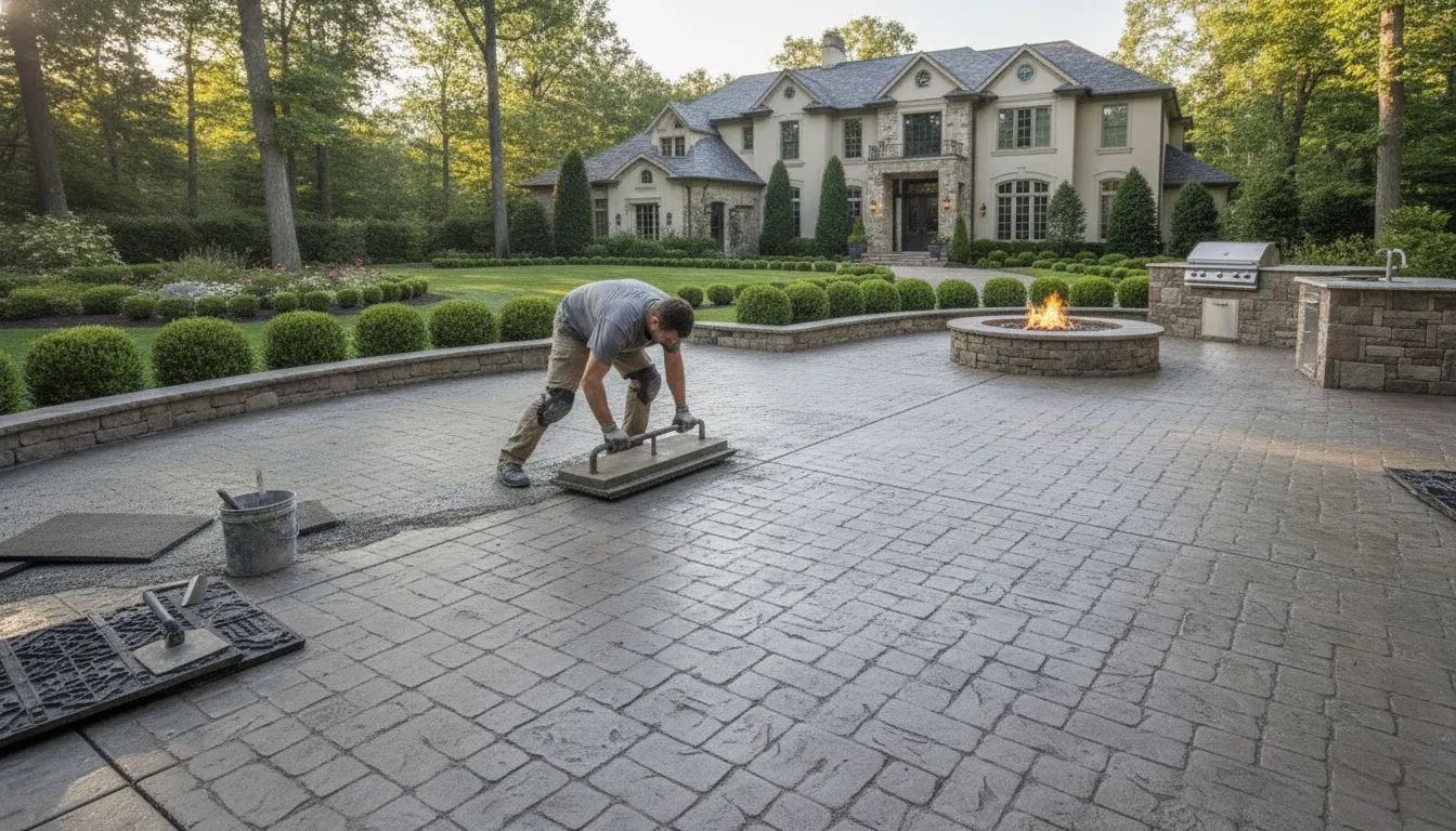 Craftsman installing a stamped concrete patio beside a landscaped home